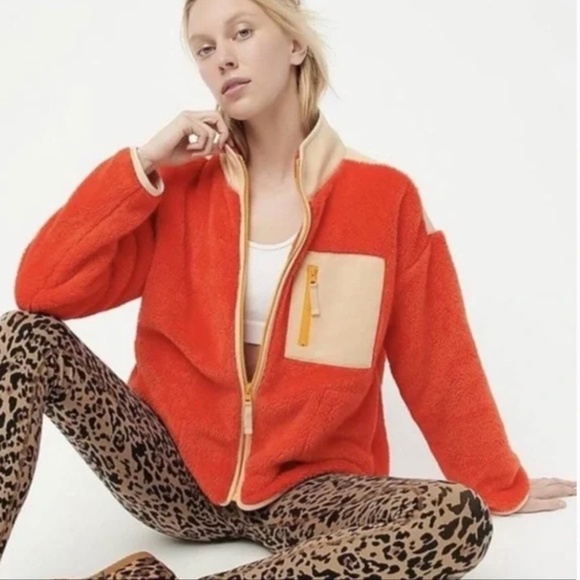 J. Crew Superplush Sherpa Full Zip Jacket Orange Colorblock - Picture 3 of 16